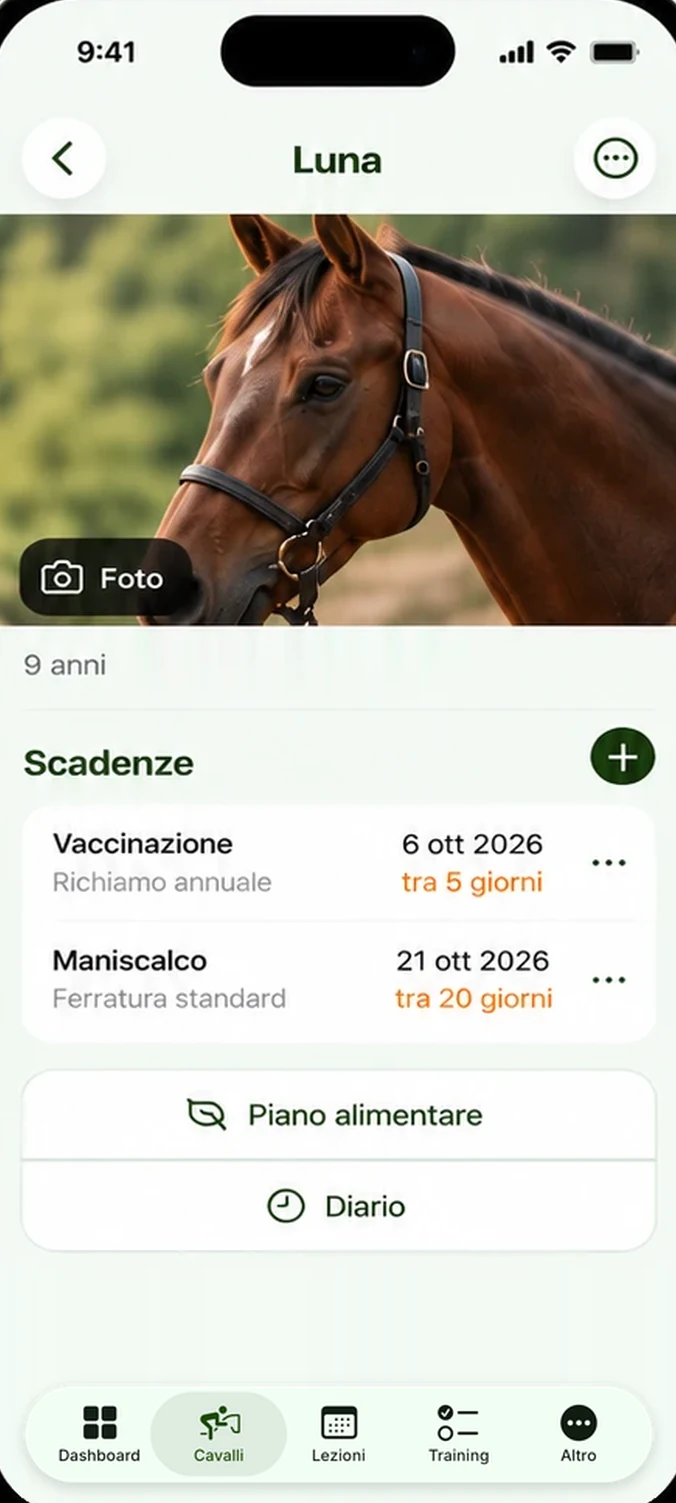 Scheda di un cavallo con scadenze e piano alimentare — schermata reale dell'app