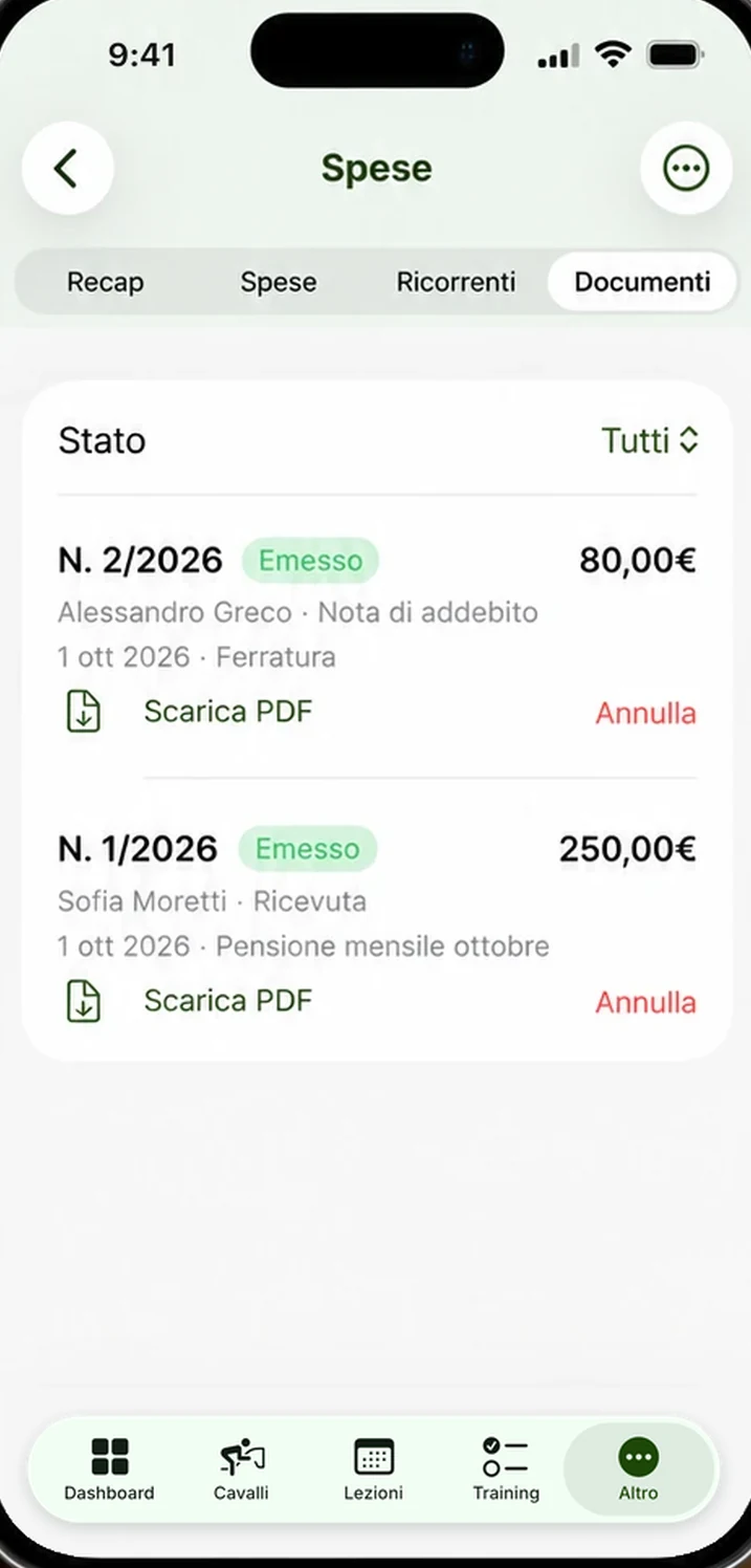 Ricevute e documenti generati dalle spese — schermata reale dell'app