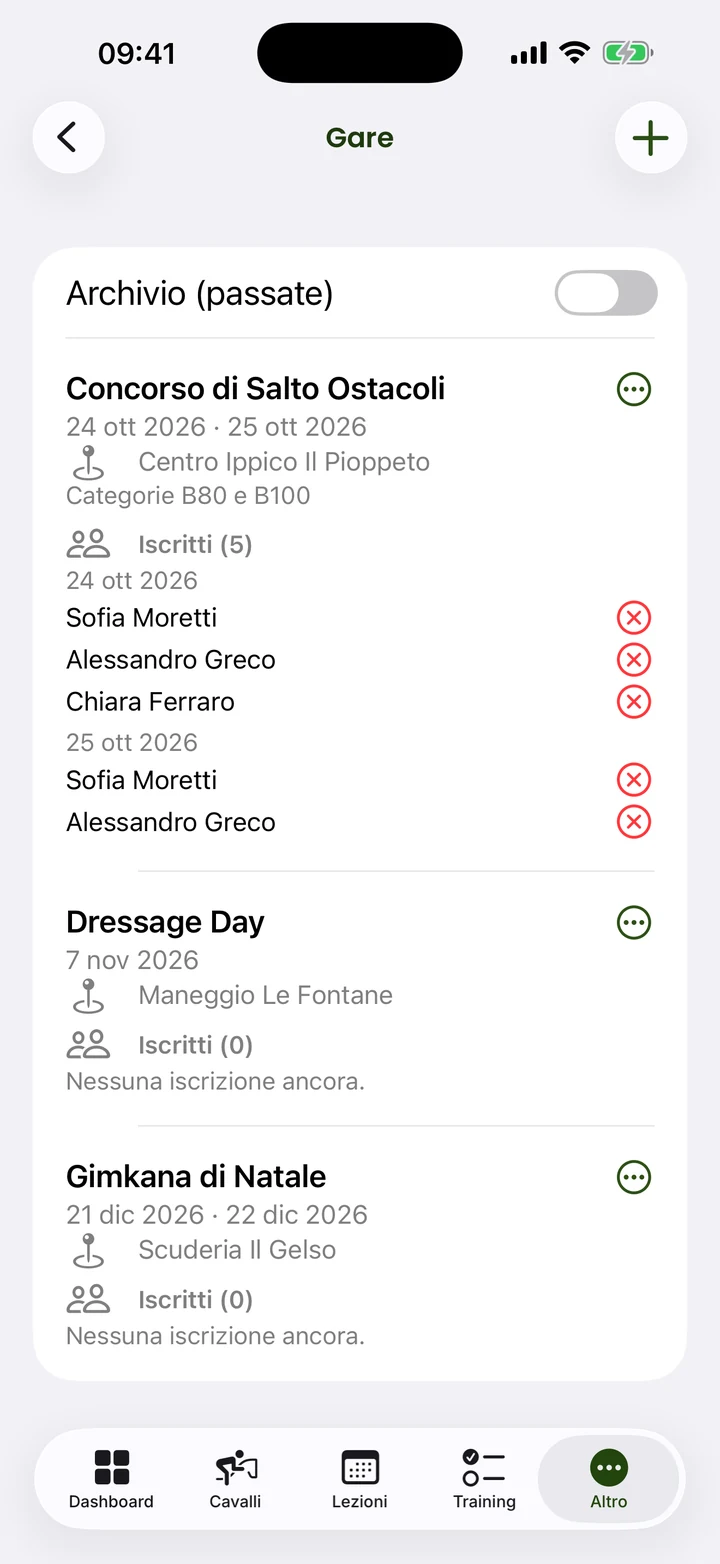 Calendario gare con le iscrizioni degli allievi — schermata reale dell'app