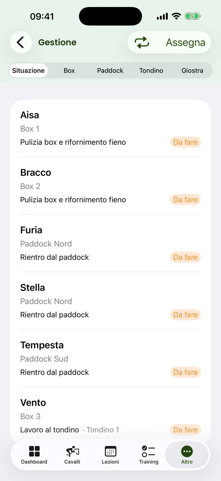 Situazione di box e paddock dell'allevamento — schermata reale dell'app