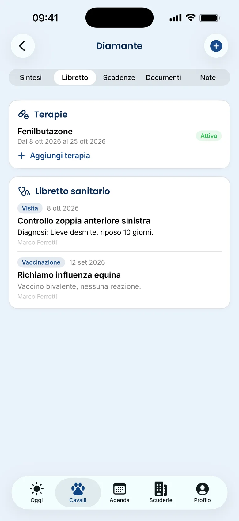 Tstabley Vet: libretto sanitario di Diamante — schermata reale